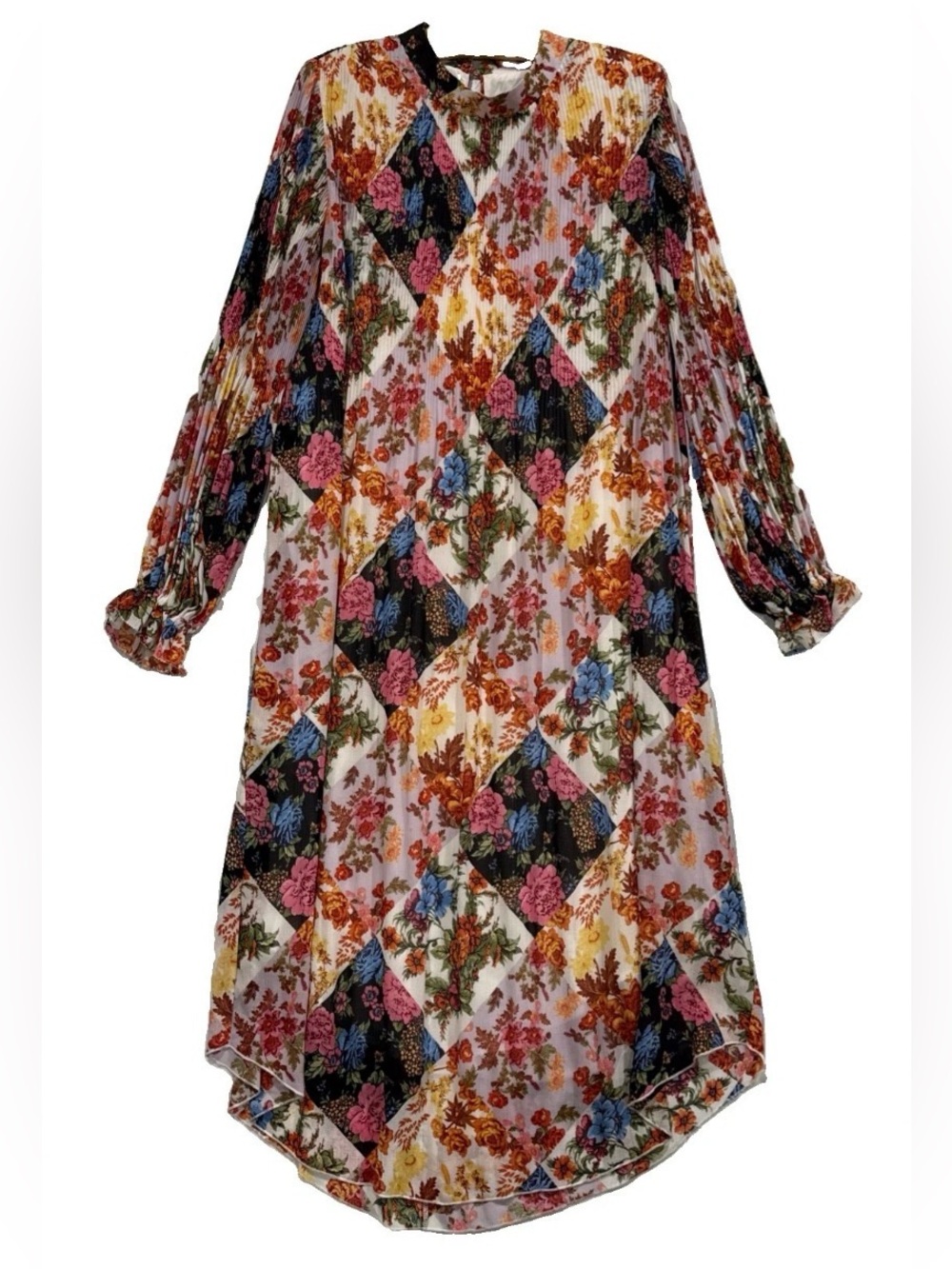 Anthropologie Shara Floral Patchwork Long Sleeve Midi Chiffon Mini Pleat Dress
